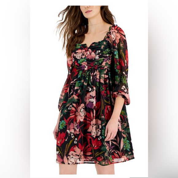 Women's Floral-Print Chiffon Empire-Waist Dress SIZE 16 - Picture 2 of 6